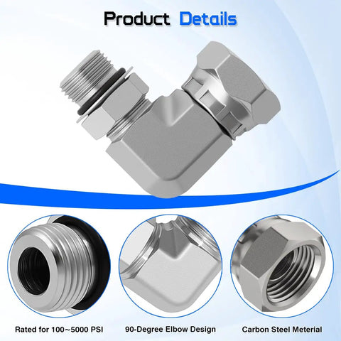 Heavy Duty 3/8 Inch Male SAE ORB to 1/2 Inch Female NPSM Swivel 90 Degree Hydraulic Elbow Adapter, carbon steel