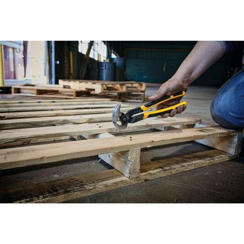 Person using 10 Inch MF End Nipper PLRS Series Heavy Duty Cutter on wooden pallet, durable steel build with comfortable grip.