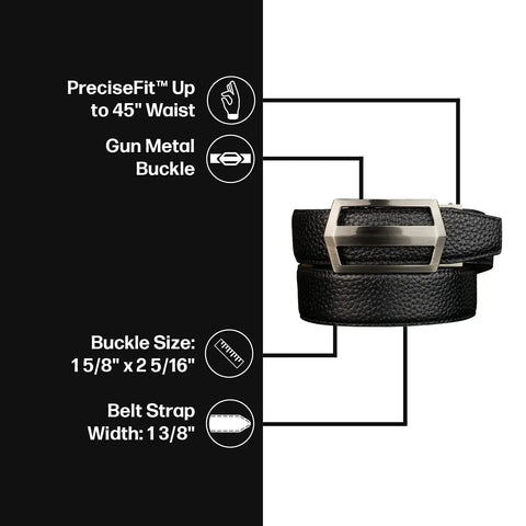 Men's Golf Ratchet Belt With Adjustable Leather Strap, 1.38 Inch Wide Black, Fits Up To 45 Inch Waist, gun metal buckle, PreciseFit