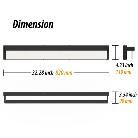 Dimensions diagram of 32.3 Inch Modern Rectangle Black Matte LED Vanity Light Over Mirror Bar 4000K Daylight Wall Sconce For Bathroom.