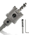 Hordion 1 3/8 in carbide hole saw cutter with tooth-tipped blades; includes drill bit and hex key