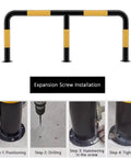 M Shaped Guardrail Anti Collision Bar for Heavy Duty Safety with installation steps, yellow with black stripe 130x60cm