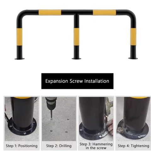 M Shaped Guardrail Anti Collision Bar for Heavy Duty Safety with installation steps, yellow with black stripe 130x60cm