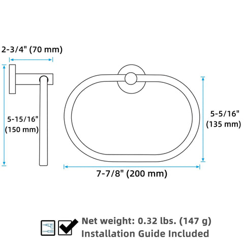 Killer Matte Black Oval Towel Ring Features Smooth Swivel Action Wall Mounted Bathroom Accessory dimensions and installation details