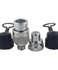 Front view of KZE-B-03 3/8'' NPT hydraulic quick-connect set with knurled metal bodies and black caps (4-piece kit)