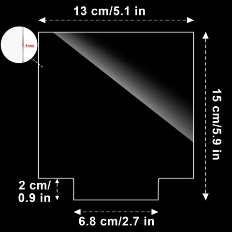 Front view of clear cast acrylic sheet, 5.9 x 5.1 in, 4 mm thick, with a bottom notch