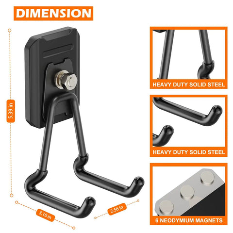 Close-up view of a Heavy Duty Magnetic Garage Hooks 4 Pack Beefy Magnet Hangers, showing dimensions and neodymium magnets.
