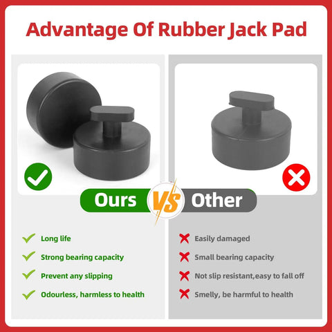 Image comparing Non Marring Rubber Jack Pads For Corvette Lift Pucks Set Of 4 with other jack pads, highlighting advantages.