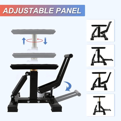 Heavy Duty Dirt Bike Stand Adjustable Jack Stand 1200 Lbs Capacity Engine Stand With Vertical Rise shown in multiple views