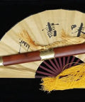Flexible Tai Chi Sword Hand Forged Damascus Folded Steel Chinese Jian displayed with luxury sandalwood scabbard and decorative fan