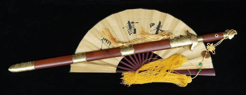 Flexible Tai Chi Sword Hand Forged Damascus Folded Steel Chinese Jian displayed with luxury sandalwood scabbard and decorative fan