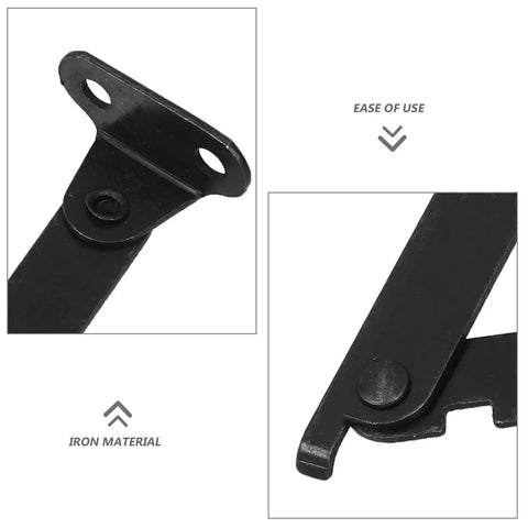 Close-up of Two-Pack Iron Box Lid Support Hinges with Foldable Legs, Vintage Antique Style, tool-free removal