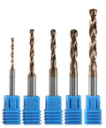 Solid carbide twist drill bits set of 5 with blue holders for metal drilling, front view, sizes 12.1–13.0 mm.
