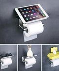 No Slip Anti Drop Toilet Paper Holder With Extra Large Phone Shelf For Bathroom Wall Mount Stainless Steel Brushed Finish Self Adhesive Or Screws Easy Install Holds Phone Tablet Wipes.