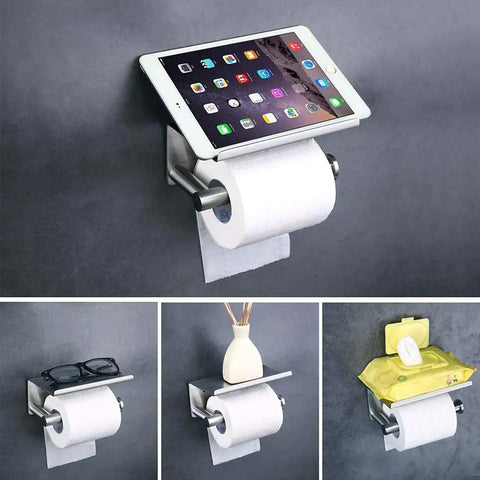 No Slip Anti Drop Toilet Paper Holder With Extra Large Phone Shelf For Bathroom Wall Mount Stainless Steel Brushed Finish Self Adhesive Or Screws Easy Install Holds Phone Tablet Wipes.