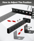 Instructional image showing Rock Solid Heavy Duty Headboard Brackets For Adjustable Bed Bases, featuring adjustable positioning and hardware.