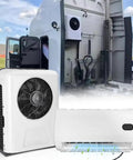 12V 9500BTU Mini Split Truck Air Conditioner With Brushless Motor shown installed in a truck with front and rear view.