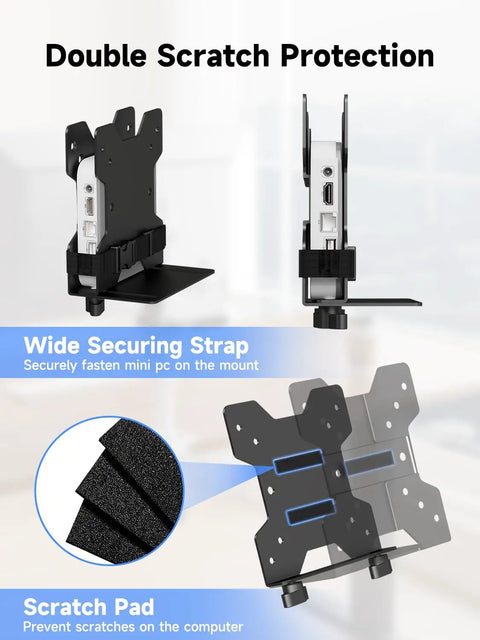 Boss Grade Adjustable Mini Pc Mount Bracket Vesa Under Desk And Monitor Arm Computer Holder hella secure wide strap and scratch pad