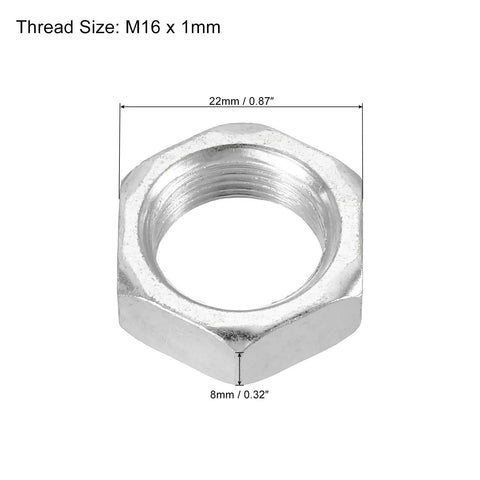 Ten Pack M16 X 1.0 Hex Nuts Zinc Plated Carbon Steel Hardware Fasteners Heavy Duty Metric Thread Nuts With 22mm Hex Width And 8mm Height For Bolts And Screws, showing hex nut dimensions and zinc finish
