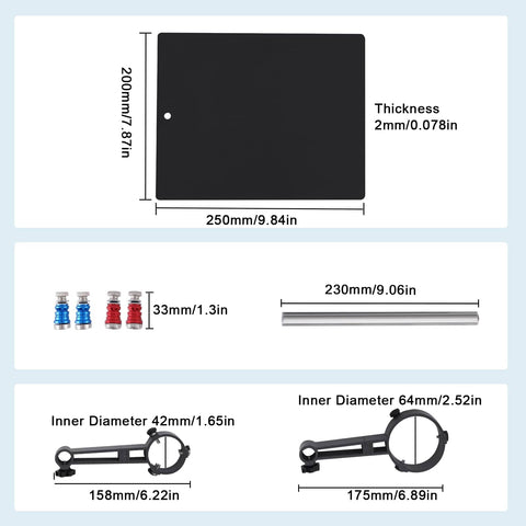 Dimensions of Hot Air Gun Holder with components, magnetic columns, adjustable clamps for PCB rework soldering; sizes in inches.