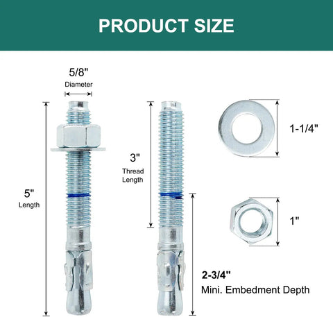 Diagram of Five Eighth Inch Concrete Anchor Bolts Set, 5 Inch Wedge Anchors Zinc Plated, 25 Pack with dimensions and components.