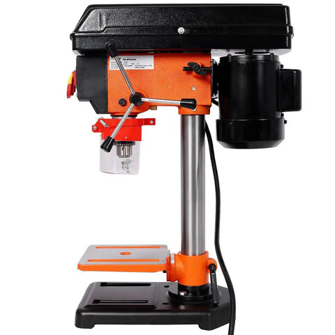 LMAOSS 8 Inch Benchtop Drill Press With 400W Induction Motor And 1/2 Keyed Chuck For Wood Metal DIY side view with tilt worktable.