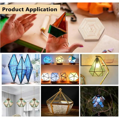 Hella Reliable Wood And Glass Soldering Jig Set Featuring Hexagon And Pentagon Molds For No Sweat Stained Glass Assembly and Killer DIY Art Projects With Dead Straight Precision Alignment showcased in various stained glass projects.