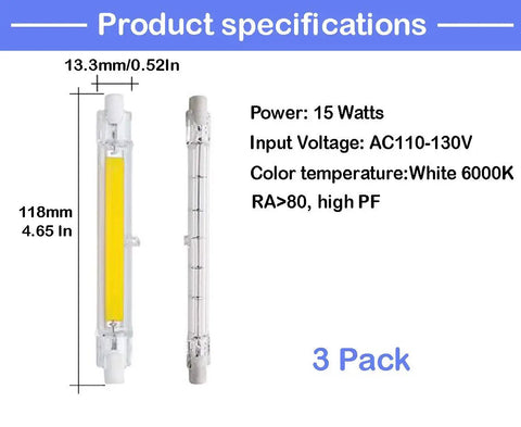 Three Pack 15W R7S LED Flood Light Bulbs 6000K Cool White Double Ended J Type 118mm Length 110V Replacement