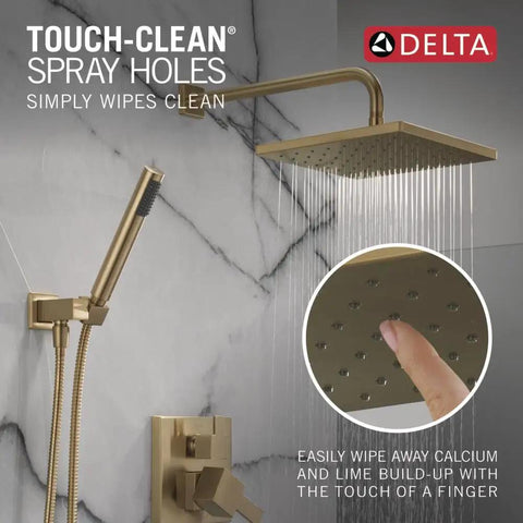 Top Shelf Square Rain Shower System With Ten Inch Overhead Spray Head And Wall Mount Handheld Sprayer In Brushed Gold Champagne Bronze Finish Includes Complete Valve Trim Kit For Simple Diy Upgrades