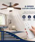 MADISH Modern Walnut 54 Inch Ceiling Fan With Light, 6-speed remote control for customizable airflow in a modern bedroom.