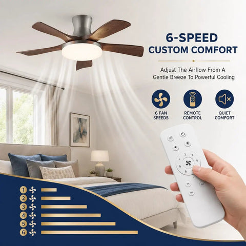 MADISH Modern Walnut 54 Inch Ceiling Fan With Light, 6-speed remote control for customizable airflow in a modern bedroom.
