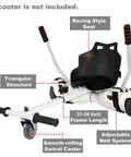 Hoverboard Seat Attachment Go Kart Conversion Kit for Self Balancing Scooters, red frame with triangular structure and racing style seat.