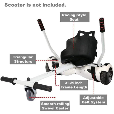 Hoverboard Seat Attachment Go Kart Conversion Kit for Self Balancing Scooters, red frame with triangular structure and racing style seat.