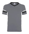 Retro Ringer Tee With Contrast Sleeve Stripes And Knit V Neck 50 50 Poly Cotton Jersey Double Needle Hem All Day Comfy Team Spirit Tee In Graphite Black White Sized Small