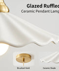Premium White Scalloped Ceramic Pendant Light Adding Sweet Vintage Charm To Kitchen Islands Built Tough With Heat Resistant Glaze Handling Humidity Like A Champ, close-up of ruffled ceramic shade with brushed gold details.