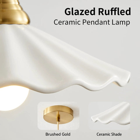 Premium White Scalloped Ceramic Pendant Light Adding Sweet Vintage Charm To Kitchen Islands Built Tough With Heat Resistant Glaze Handling Humidity Like A Champ, close-up of ruffled ceramic shade with brushed gold details.