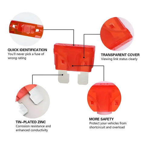 Road Ready Badass 306 Piece Auto Car Truck Backup Fuse Assortment Kit Featuring Standard Mini And Low Profile Blades Rated Two To Thirty Five Amps With Tools clear view of a red automotive fuse with transparent cover