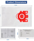 Product dimensions of 14 Packs 3D Airclean Replacement Bags For FJM Vacuum Cleaners Compatible With Compact C1 C2 Complete C1 S241 S290 S300i S500 S700 S4 S6 Series Replaces Part 10123220, showing size diagram with red attachment.