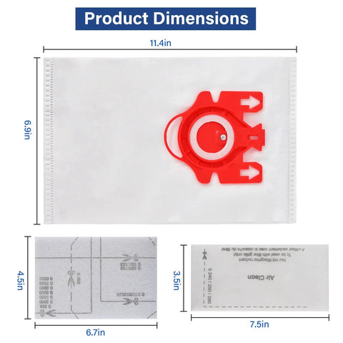 Product dimensions of 14 Packs 3D Airclean Replacement Bags For FJM Vacuum Cleaners Compatible With Compact C1 C2 Complete C1 S241 S290 S300i S500 S700 S4 S6 Series Replaces Part 10123220, showing size diagram with red attachment.