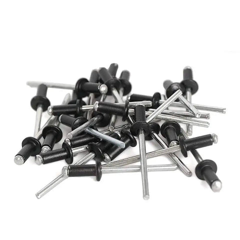 Tough As Nails Aluminum Blind Rivets 100 Pack One Eighth Inch By One Quarter Inch Grip Black Coated Pop Rivets 3.2 By 6mm For Metalwork Auto And DIY Projects Home Improvement And General Repairs, scattered view.
