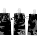 Three black collapsible 700ml PE soft flasks for outdoor travel camping hiking eco friendly hydration on the go with caps and hooks