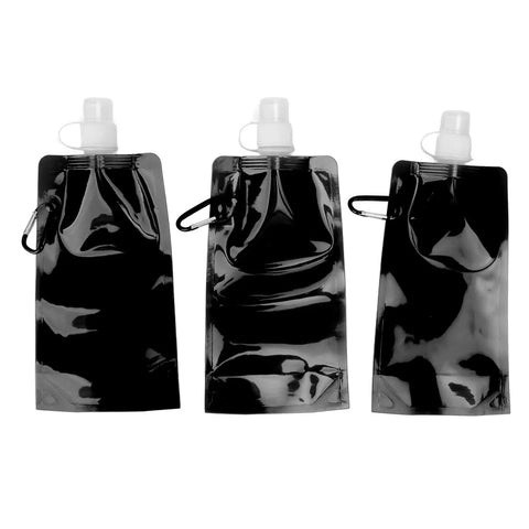 Three black collapsible 700ml PE soft flasks for outdoor travel camping hiking eco friendly hydration on the go with caps and hooks