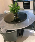 Big Round Glass Lazy Susan Turntable For Dining Table with plant centerpiece, large 90 cm tabletop, tempered glass surface.