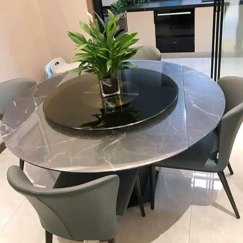 Big Round Glass Lazy Susan Turntable For Dining Table with plant centerpiece, large 90 cm tabletop, tempered glass surface.