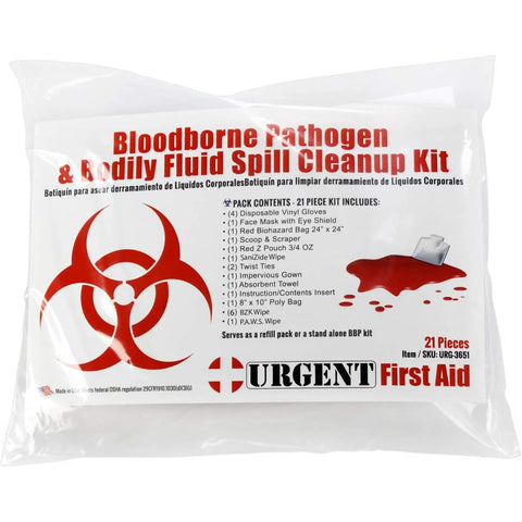 Front view of a white Urgent First Aid 21-piece Bloodborne Pathogen and Bodily Fluid Spill Cleanup Kit with red biohazard logo