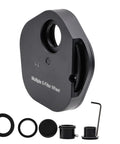 Side view of Five Position One Point Two Five Inch Filter Wheel For Telescope With Manual Drawer And Rotation Lock Ring.