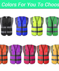 Heavy-Duty Hi-Vis Safety Vest With Pockets And Zipper in 9 colors, featuring reflective stripes and pockets for tools.