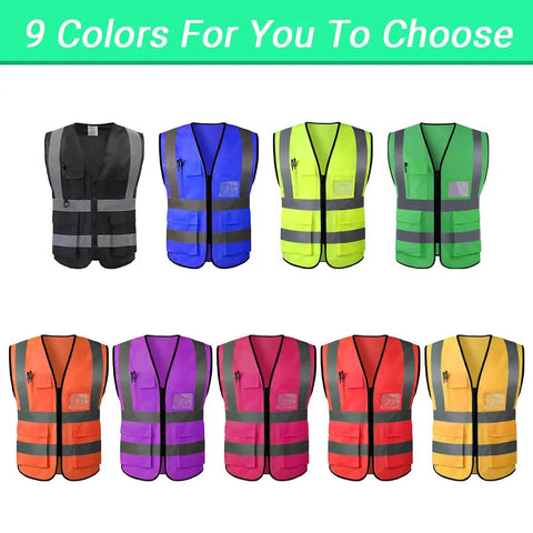 Heavy-Duty Hi-Vis Safety Vest With Pockets And Zipper in 9 colors, featuring reflective stripes and pockets for tools.