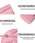 Close-up of Dusty Rose KN95 mask showing nose bridge strip, compression edge, and non-breakable joints with 5-layer design