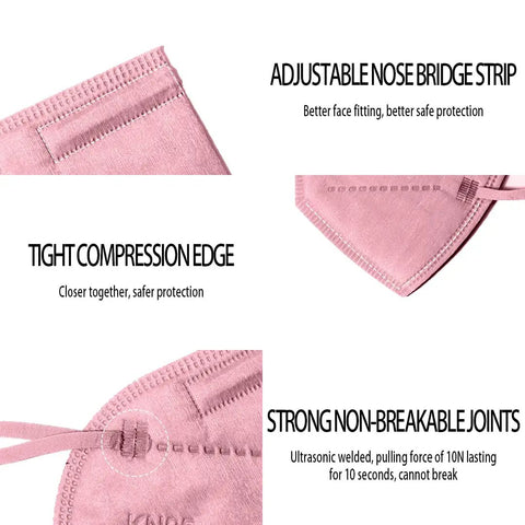 Close-up of Dusty Rose KN95 mask showing nose bridge strip, compression edge, and non-breakable joints with 5-layer design